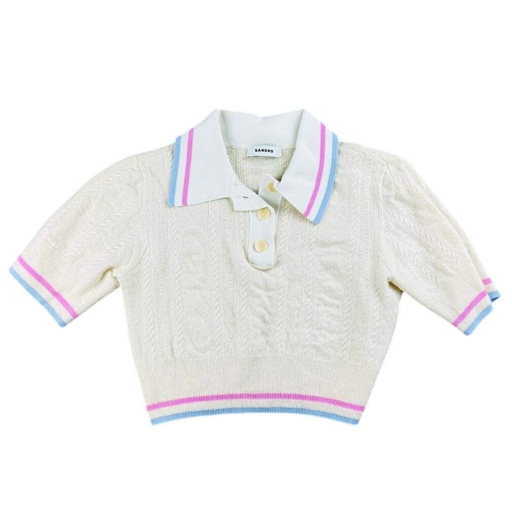 Sandro‎ Wool Sweater Polo Women 1 Ivory Cable Knit Striped Wool Short Sleeve